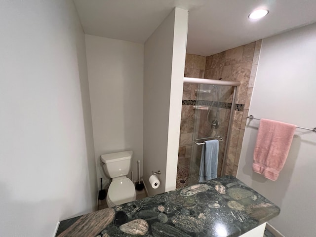 bathroom featuring toilet and a shower with door