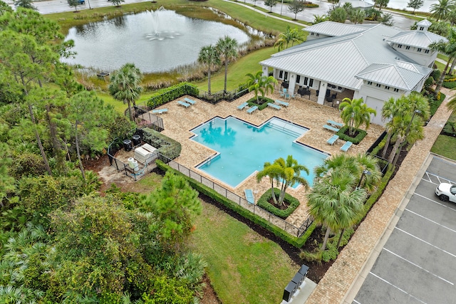 drone / aerial view with a water view