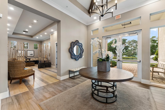 entryway featuring a towering ceiling, light hardwood / wood-style flooring, and a raised ceiling