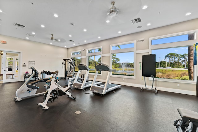 exercise room featuring ceiling fan and plenty of natural light