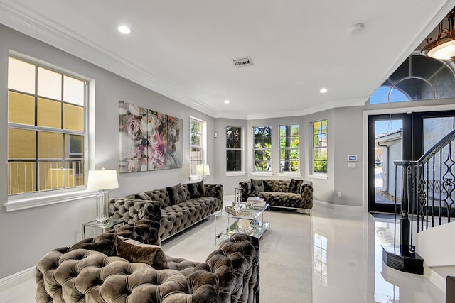 tiled living room with crown molding