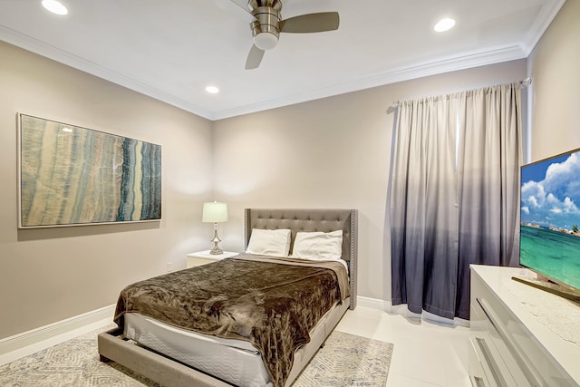 bedroom featuring light tile patterned floors, ceiling fan, and crown molding