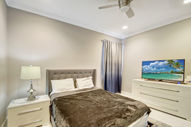 tiled bedroom featuring ceiling fan and crown molding