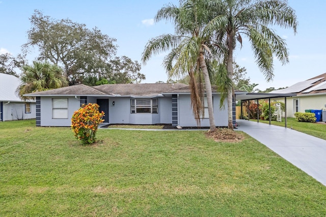 ranch-style home with a front lawn and a carport