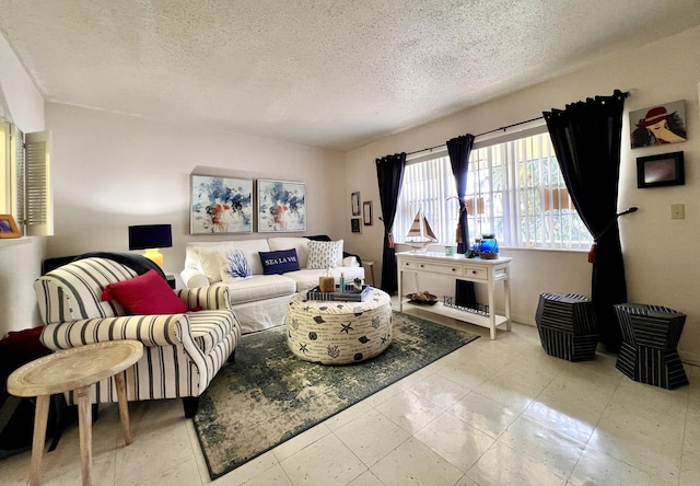 living room featuring a textured ceiling