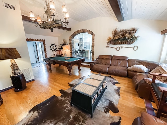 playroom with wood-type flooring, wood ceiling, billiards, and lofted ceiling with beams