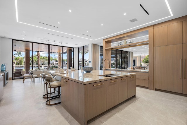 kitchen featuring expansive windows, sink, a breakfast bar, light stone countertops, and a large island with sink