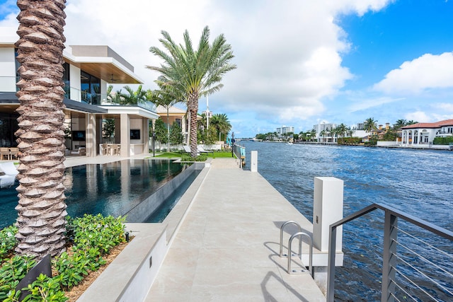 view of pool featuring a water view