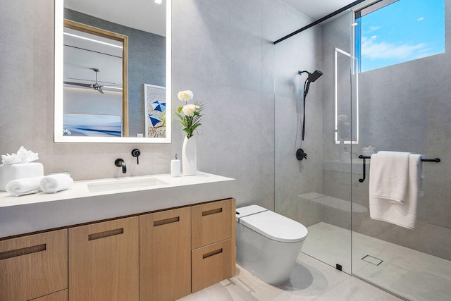 bathroom featuring an enclosed shower, vanity, and toilet