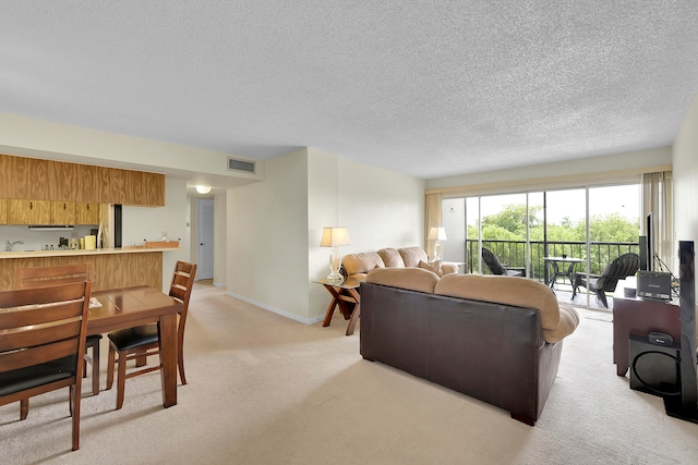 living room with light colored carpet and a textured ceiling