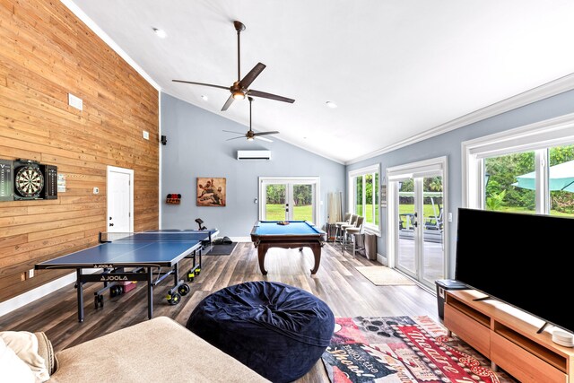 12151 Old Indiantown Rd, Jupiter, FL 33478 - game room with french doors, crown molding, billiards table, a wall mounted air conditioner, and wood walls