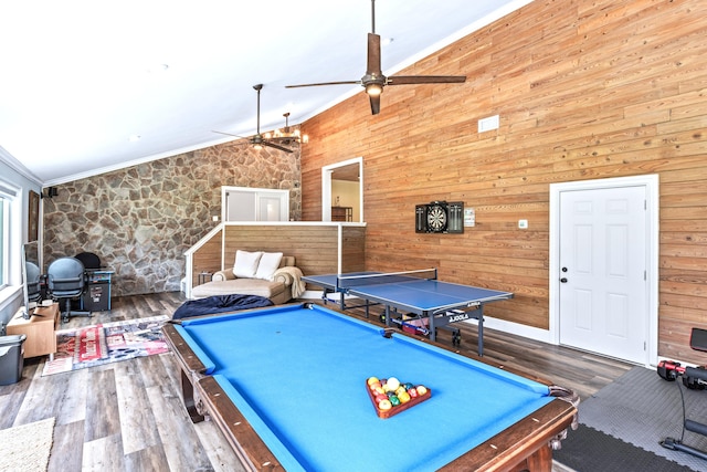 game room with high vaulted ceiling, wood-type flooring, ceiling fan, and crown molding