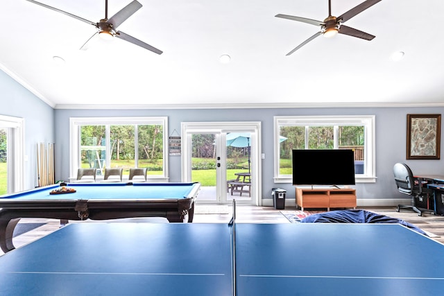 12151 Old Indiantown Rd, Jupiter, FL 33478 - playroom featuring a ceiling fan, ornamental molding, lofted ceiling, wood finished floors, and baseboards