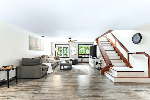 living room with hardwood / wood-style flooring and ceiling fan