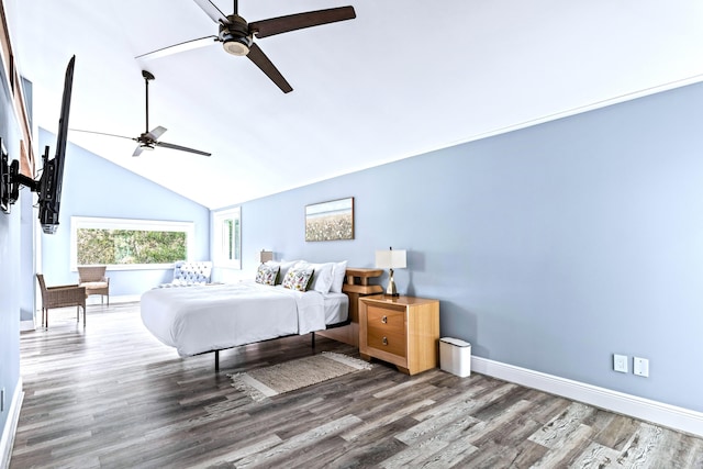 bedroom with high vaulted ceiling, dark wood-type flooring, and ceiling fan