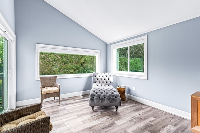 sitting room with high vaulted ceiling and light wood-type flooring