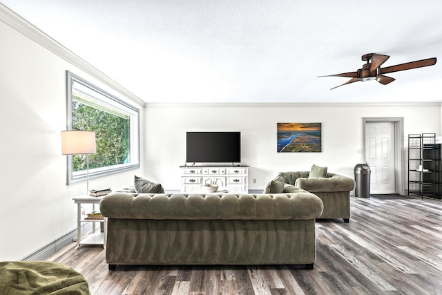 12151 Old Indiantown Rd, Jupiter, FL 33478 - living room with ornamental molding, dark wood finished floors, ceiling fan, and baseboards