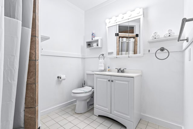 bathroom featuring toilet, vanity, tile patterned floors, and crown molding