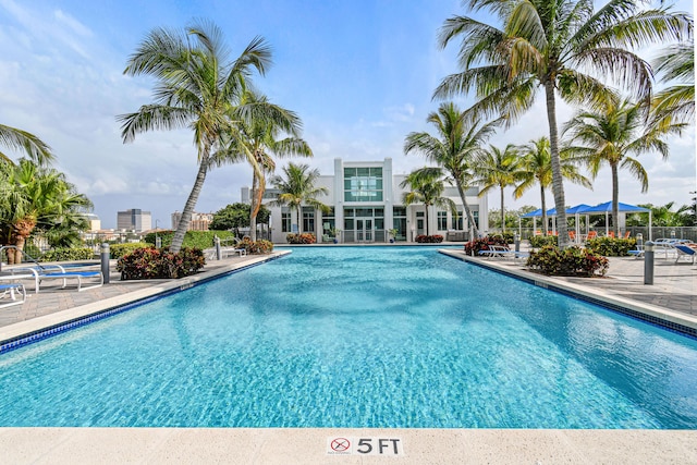 pool featuring a patio and fence