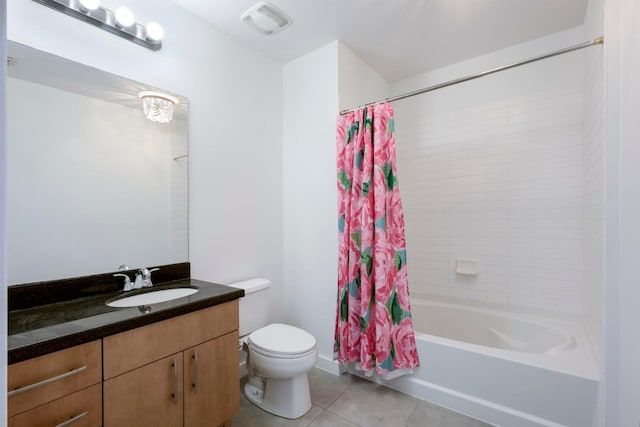 full bathroom with toilet, vanity, shower / bath combination with curtain, and tile patterned floors