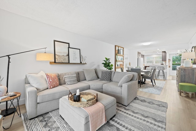 living room with a textured ceiling and light hardwood / wood-style flooring