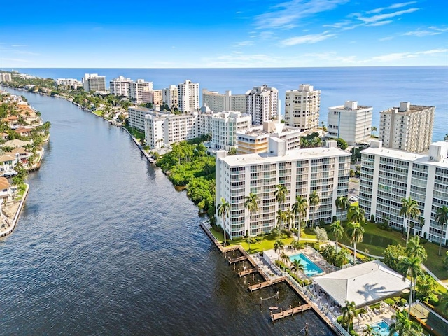 drone / aerial view with a water view