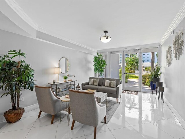 living room featuring light tile patterned floors and crown molding