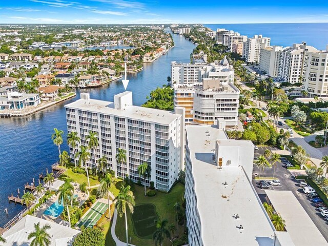 bird's eye view with a water view