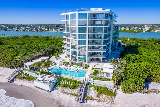 drone / aerial view with a water view