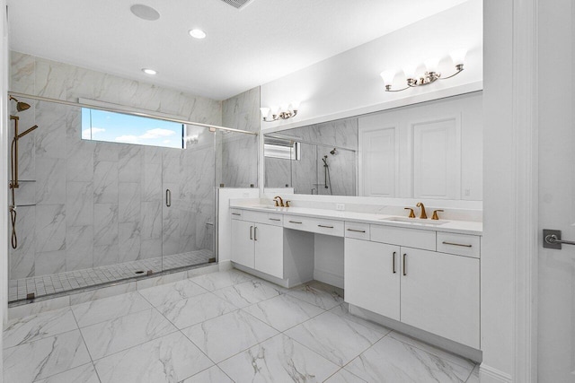13450 Artisan Cir, Palm Beach Gardens, FL 33418 - full bath with marble look tiles, a marble finish shower, double vanity, and recessed lighting