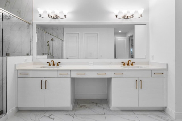 13450 Artisan Cir, Palm Beach Gardens, FL 33418 - bathroom with marble look tiles, baseboards, a marble finish shower, and double vanity