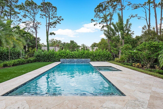 view of swimming pool featuring an in ground hot tub