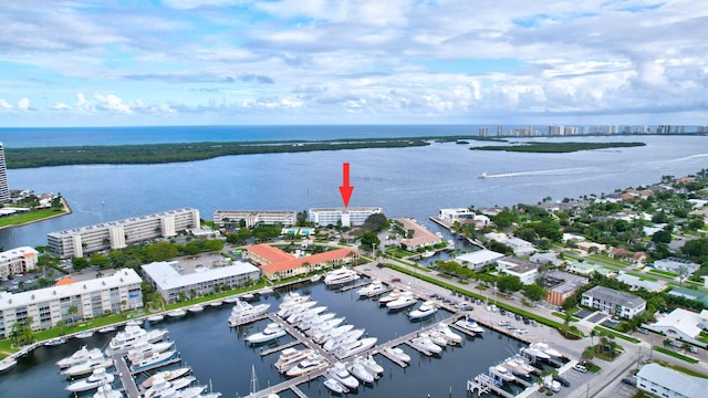 aerial view featuring a water view