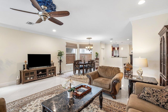 living room with ceiling fan with notable chandelier, light tile patterned floors, and crown molding