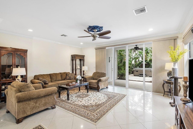 living room with light tile patterned floors, ceiling fan, and crown molding