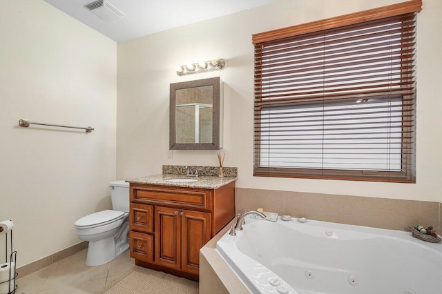 full bathroom with tile patterned flooring, vanity, toilet, and shower with separate bathtub