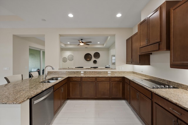 kitchen featuring sink, black electric stovetop, stainless steel dishwasher, kitchen peninsula, and light stone countertops