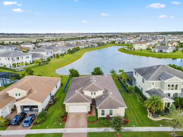 drone / aerial view featuring a water view