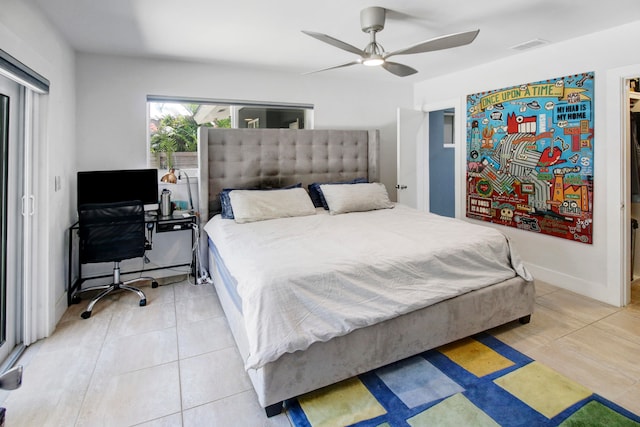 bedroom with light tile patterned floors and ceiling fan