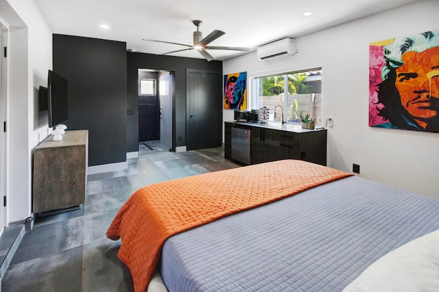 bedroom featuring a wall mounted AC and ceiling fan