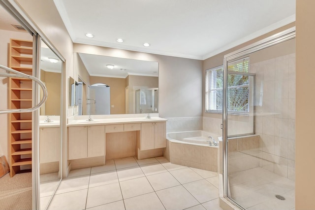 bathroom with tile patterned floors, vanity, plus walk in shower, and ornamental molding