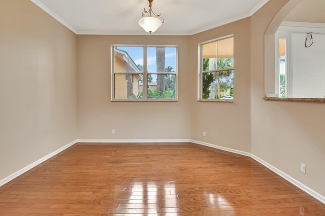 unfurnished room with light hardwood / wood-style floors and ornamental molding