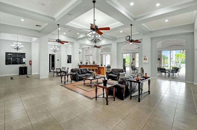 tiled living room with beamed ceiling, ornamental molding, coffered ceiling, and a notable chandelier