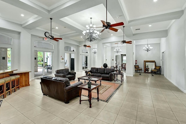 interior space featuring beam ceiling, a towering ceiling, and coffered ceiling