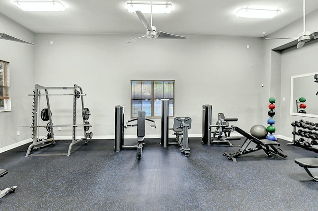 exercise room with ceiling fan