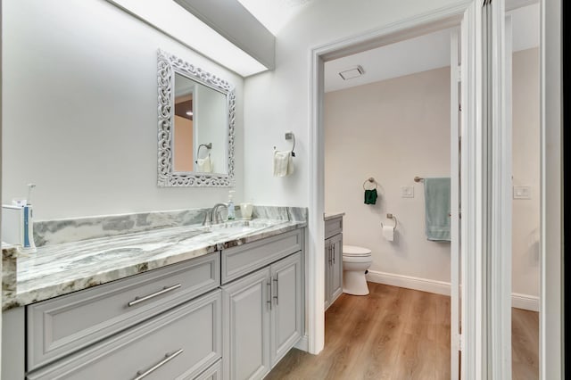 bathroom featuring toilet, vanity, and wood-type flooring