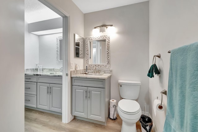 bathroom featuring wood-type flooring, vanity, and toilet