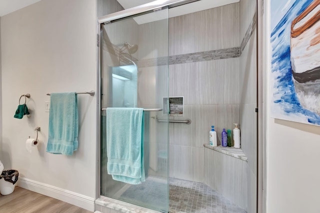 8306 Mooring Cir, Boynton Beach, FL 33472 - full bath with a stall shower, wood finished floors, and baseboards
