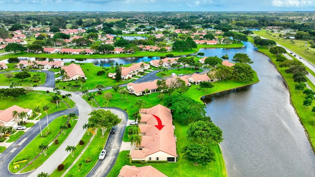 drone / aerial view featuring a water view