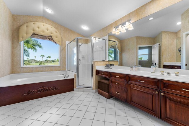 bathroom with vanity, a wealth of natural light, and plus walk in shower